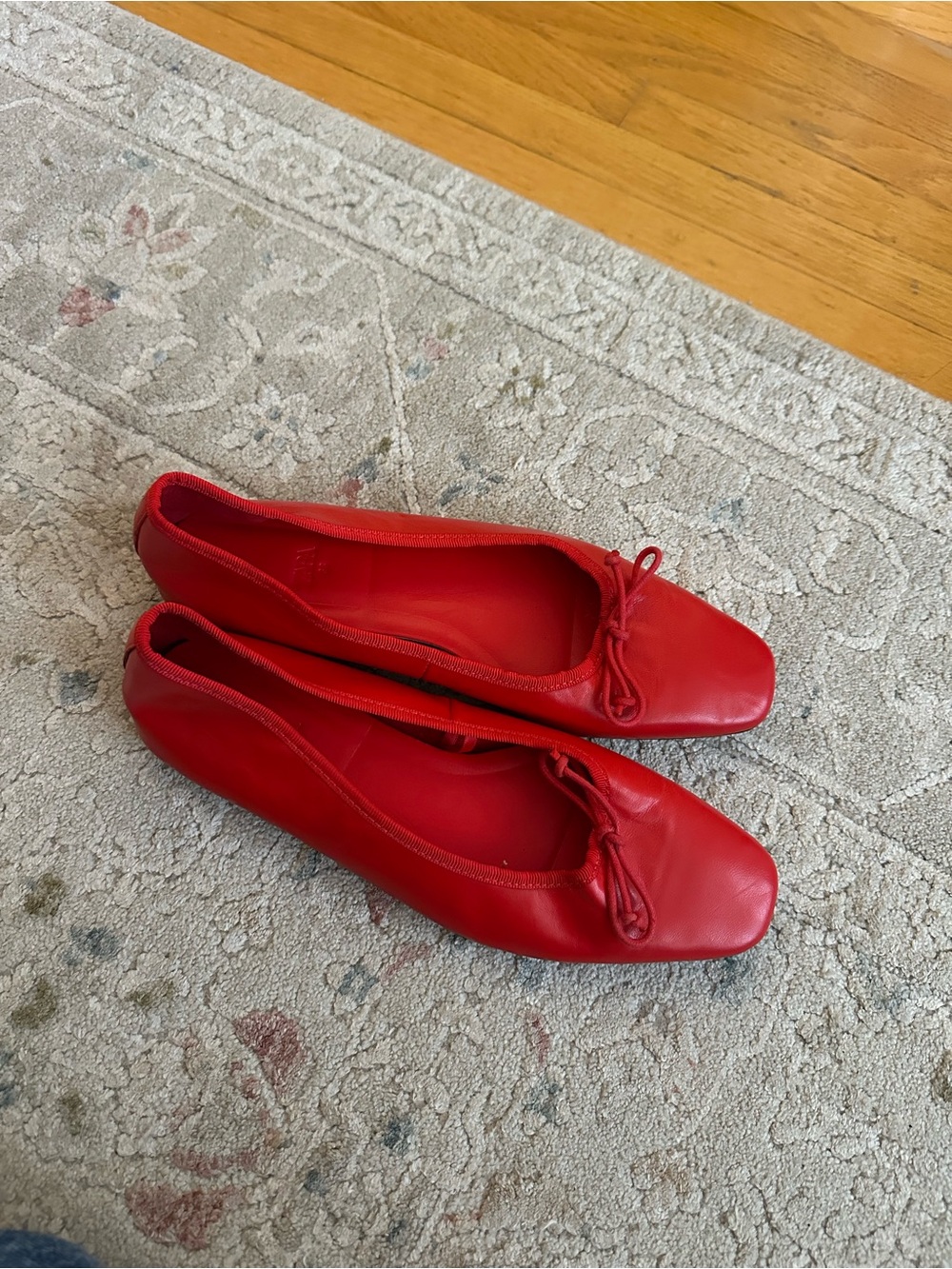 Zara Red Leather Ballet Flats with Bow Accent